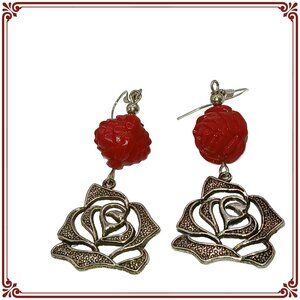 Large Red Rose and Floral Handcrafted Earrings